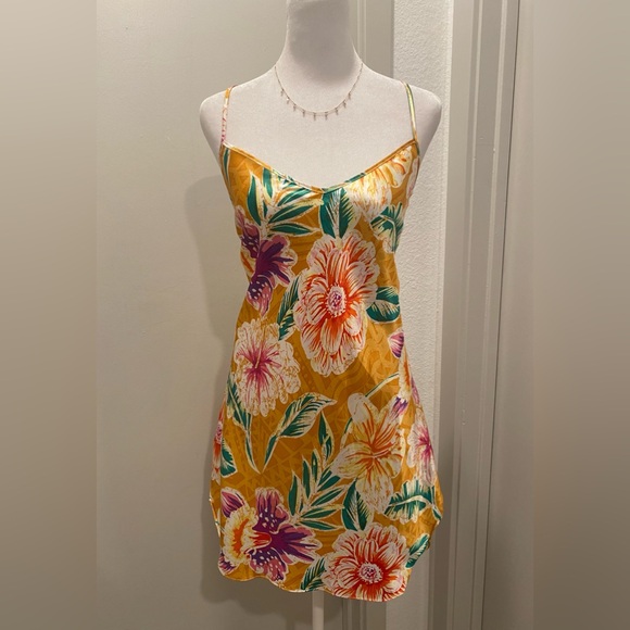 VTG Romantic Moods 90s Y2K Yellow Tropical Floral Cami Slip Mini Dress - L - Picture 15 of 15
